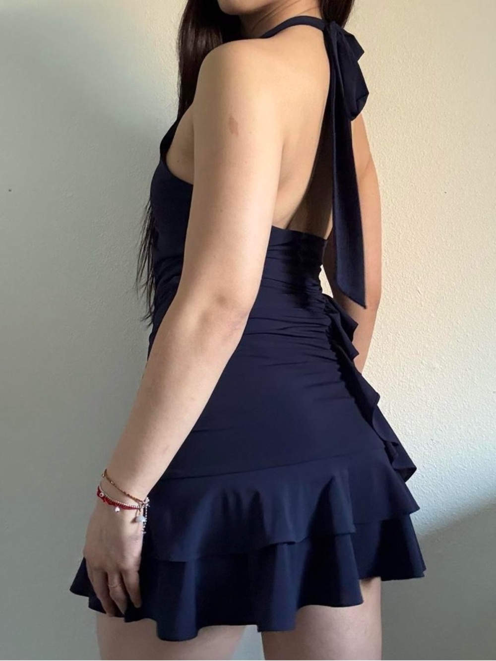 LoveShackFancy Navy Backless Ruffle Halter Mini Dress